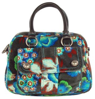   Womens/Girls Charcoal Gray Velvet Floral PRINT Handbag BAG Purse NEW