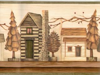 Rustic Log Cabin Models on Shelf Sale$8 Wallpaper Border 485