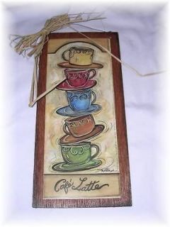   Latte Stacked Coffee Mugs Wooden Kitchen Wall Art Sign Cafe decor Java