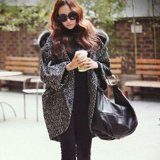 New Womens Warm Fashion Hood Fur Tweed Jacket Bat wing Sleeve Cloak 