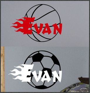 Vinyl Wall Lettering Words Decal Flaming Soccer or Basketball Name