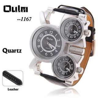 Oulm Brand Cheap Adventure Multi Function 3 Movt Black Leather Watch 