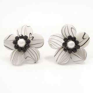 Sweet Daisy White Zebra Painted Mother of Pearl Clip On Earrings