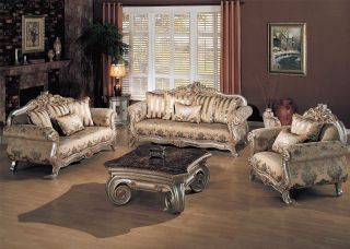   Traditional Victorian Gold Fabric Sofa Loveseat Wood Living Room Set