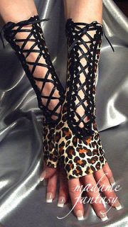   LACE UP LEOPARD PRINT BLACK SPANDEX FINGERLESS GLOVES / ARM WARMERS