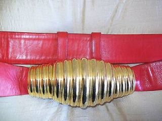 JUDITH LEIBER Stunning Gold Cornicopia Shell Buckle Red Leather 