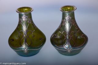Pair of Loetz Blue Green Papillon Vases With Applied Silver Decor 