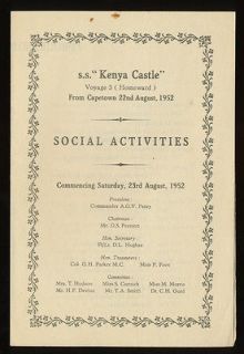 1952 SS Kenya Castle Social Activities Program   Union Castle Line