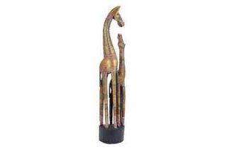 Wooden Mother and Baby Zebras Statue in Golden Finish 40332