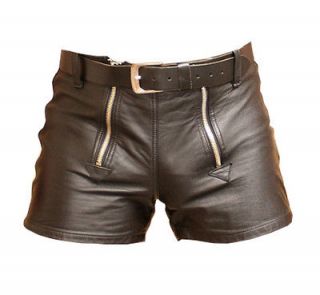 Mens Aniline Leather Shorts Front Flap Double Zipper Model New Size 