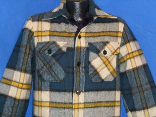 vintage 80S WOOLRICH BLUE YELLOW PLAID WOOL FAUX FUR HUNTING MENS 