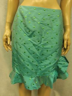 CK BRADLEY New York Blue/Green Polka Dot Shantung Silk Ruffled Skirt 