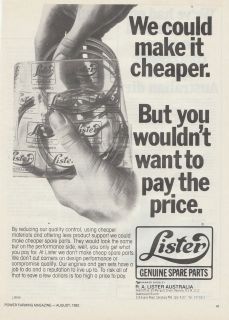 Vintage 1982 LISTER DIESEL ENGINES Advertisement SPARE PARTS