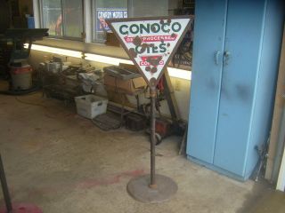 Early Conoco Oil Porcelain Lollipop Sign & Original Conoco Cast Iron 