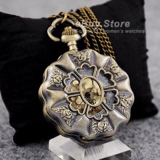 Steampunk Retro Lotus flower skeleton carvings pocket watch necklace 