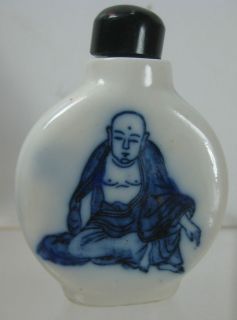 Blue White Snuff Bottle Vintage Monk Chinese Pottery Ceramic Porcelain