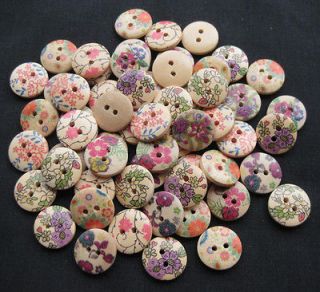 Newly listed 50x print flower Wood Button sewing appliques craft DIY 