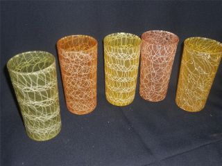 5pc VINTAGE 1960s RUBBER COATED SPAGHETTI STRING DRINKING GLASSES Mid 