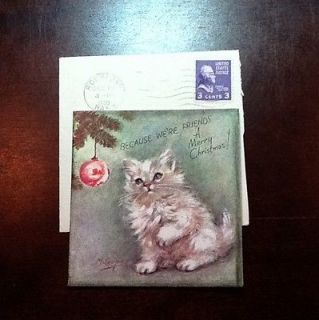 Vintage 1950s Marjorie M. Cooper Christmas Greeting Card Sweet Kitty 