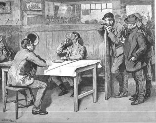 PUB BAR SALLOON BEER DRINK TABLE 1887 ENGRAVING ANTIQUE PRINT BAR 