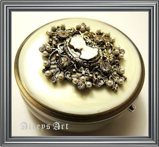   Style Quality Lady Rhinestones Ivory Bronze Pearls Pill Box Case