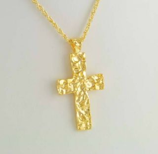 14kt Yellow Gold Ep Nugget Style Cross Pendant w/ Chain   Unisex