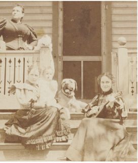 MASTIFF DOG girl w guitar 1890s CABINET PHOTO Eastman Kodak & Camera