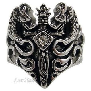 Mens Silver Dragon Crystal Sword Stainless Steel Ring US Size 8 13