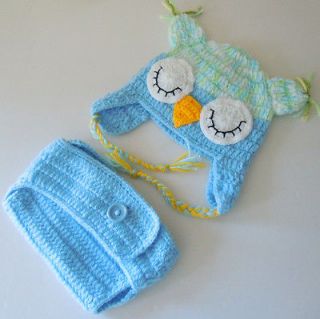 Handmade Crochet Newborn Sleeping Owl Baby Photo Hat/Diaper Cover 