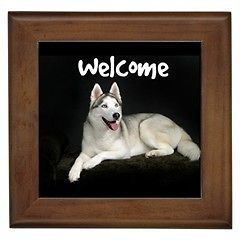 Welcome Front Door Framed Tile Sign Siberian Husky Puppy Dog Plaque 