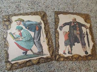 OLD NORMAN ROCKWELL PRINTS ON WOOD PLAQUES OLD MAN & BOY+ MAN & GIRL 