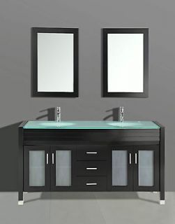 Modern Double Sink Bathroom Vanity, Tempered Glass countertop build in 