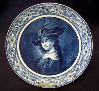 Antique Royal Bonn Blue Delft Charger Portrait Plaque Rembrandt 1910 