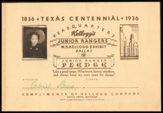 Kellogg’s JUNIOR RANGERS Certificate, Texas Centennial 1936
