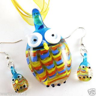   Cartoon OWL Bird ART Murano Glass Pendant Necklace Dangle Earrings set