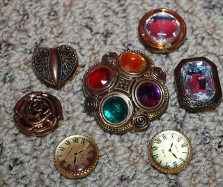 Vintage Jewelry 1980s Button Covers SET 7 Gold Tone Multi Clocks Rose 