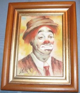 PENSIVE CLOWN PAINTING ON BOARD SIGNED BY ARTIST APROX 5x 7 WOOD 