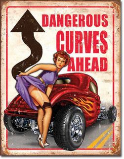 Dangerous Curves Ahead classic vintage garage Sign Bar Rat Hot Rod USA