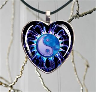   AND YANG ELECTRIC BLUE HEART GLASS CABOCHON SILVER NECKLACE PENDANT