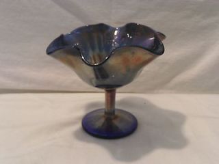   Carnival Glass Iridescent Blue Holly&Berries Ruffled Compote  USA