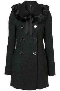   Green Black Boucle Tweed Military Coat Fur Stole £95, 6 8 10 12