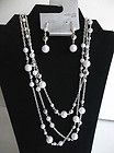 NWT Faux Pearl Multi Strand Silver Tone Beaded Necklace & Earring Set