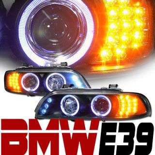 BLACK DRL LED HALO RIMS PROJECTOR HEADLIGHTS PARKING V2 97 03 BMW E39 