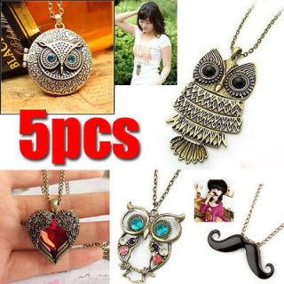5pcs Lots Christmas Retro Mix Gift Owl Mustache Heart Pendant Necklace 