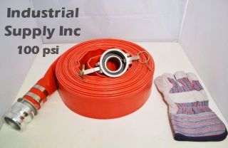 25ft Red Water Discharge Hose Camlocks w/Striped Leather Gloves 