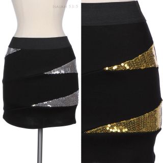 Sexy Ponti Black Mini Skirt with Partial Shiny Sequins Detail Stretch 