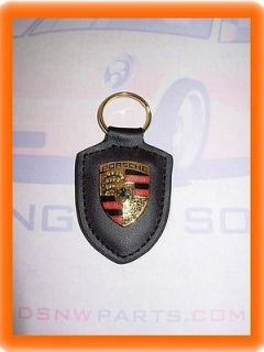 Porsche Key Fob Black Leather, Metal Crest Key Chain Keyring 