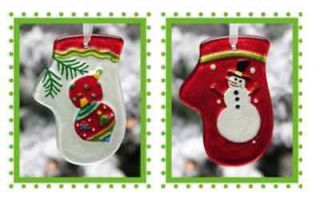 Set of 2 Handpainted Glass Christmas Ornaments   Mittens with Snowman 