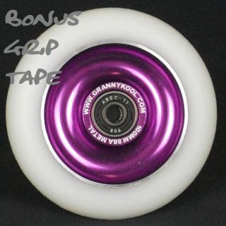 Purple White Drilled Metal Core Scooter Wheels incl bearings + Grips 