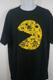 Men Black Tee Shirt Yellow Design Pac Man Style Back in The Day